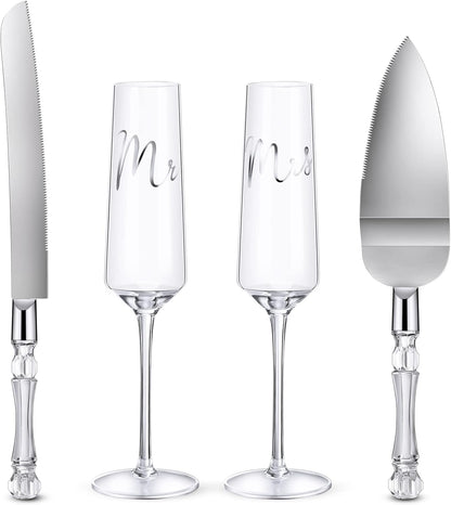 Boao 4 Pieces Wedding Toasting Flutes and Cake Server Set Wedding Reception Supplies Champagne Glasses Cake Knife Pie Server (Gold,Classic)