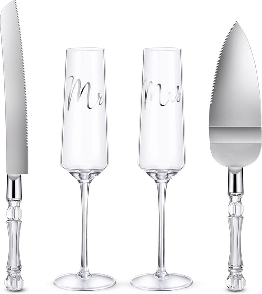 Boao 4 Pieces Wedding Toasting Flutes and Cake Server Set Wedding Reception Supplies Champagne Glasses Cake Knife Pie Server (Gold,Classic)
