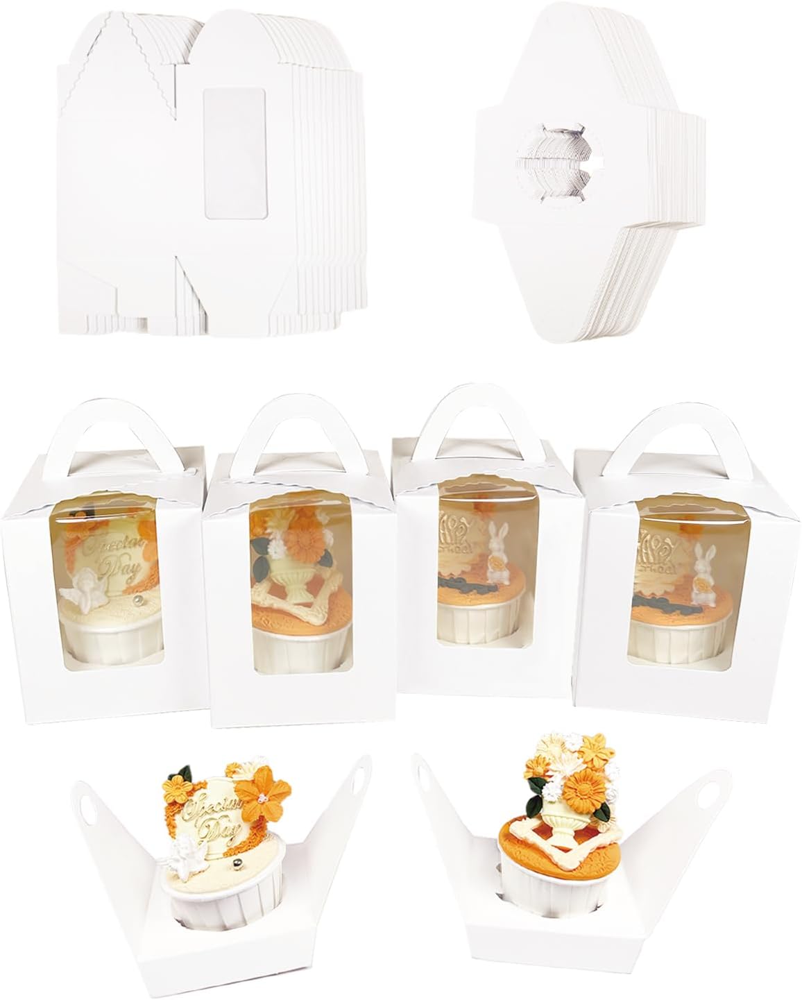 Bakepacker Auto-pop up Individual Cupcake Boxes with Window 60 Count Brown Single Cupcakes Box 3.7 x 3.7 x 4.3inch Cupcake Carrier