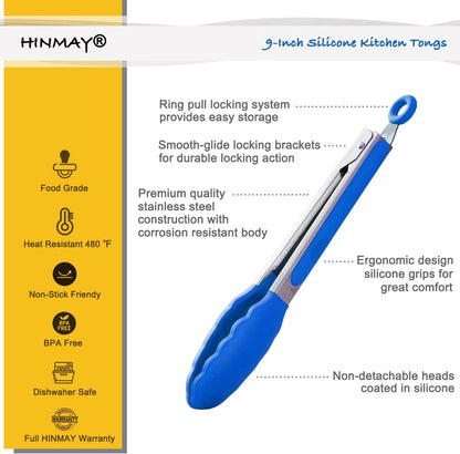 HINMAY Serving Tongs 9-Inch Cooking Tongs with Silicone Tips, Set of 3 (Black)