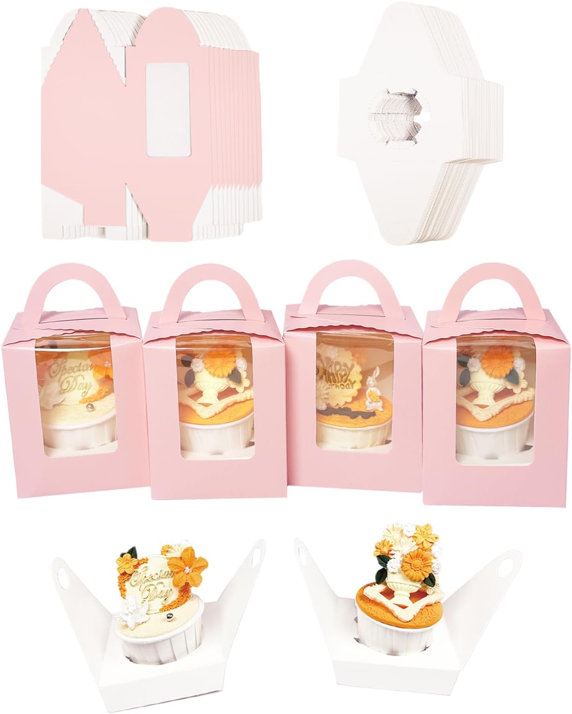 Bakepacker Auto-pop up Individual Cupcake Boxes with Window 60 Count Brown Single Cupcakes Box 3.7 x 3.7 x 4.3inch Cupcake Carrier
