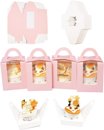 Bakepacker Auto-pop up Individual Cupcake Boxes with Window 60 Count Brown Single Cupcakes Box 3.7 x 3.7 x 4.3inch Cupcake Carrier