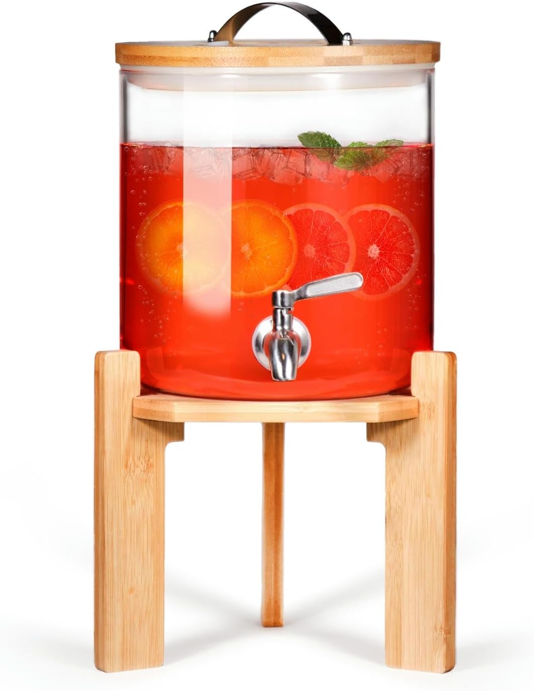 Glass Beverage Dispenser with Bamboo Stand 6.7 In and Lid, Iced 2.9 Gallon Drink Server with Spigot, Large Thick Glass Drink Dispenser for Parties, Hotels, Restaurants, Homes