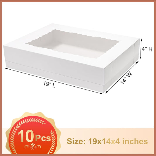 Mefleet 10pcs 19x14x5 Half Sheet Cake Boxes with Window Rectangle 1/2 Sheet Bakery Boxes for Pastry Baking Cake, Cupcakes, Donuts, Cookies, Pie Treat Packaging White Large