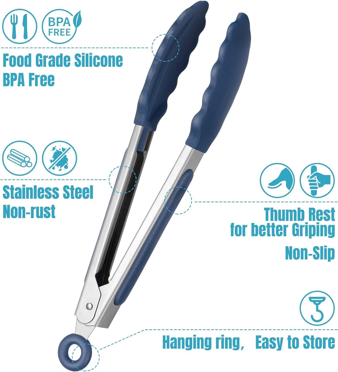 Hotec Mini Silicone Kitchen Tongs for Cooking - 7-Inch Small Serving Tongs with Silicone Tips, Set of 3 (Blue)