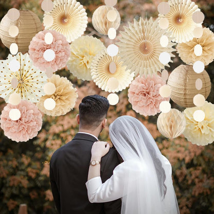 Dusty Pink Boho Party Decorations Pink and Beige Birthday Baby Shower Decorations Paper Fans Paper Pom Poms Lanterns for Women Girl Rustic Bachelorette Wedding Decor