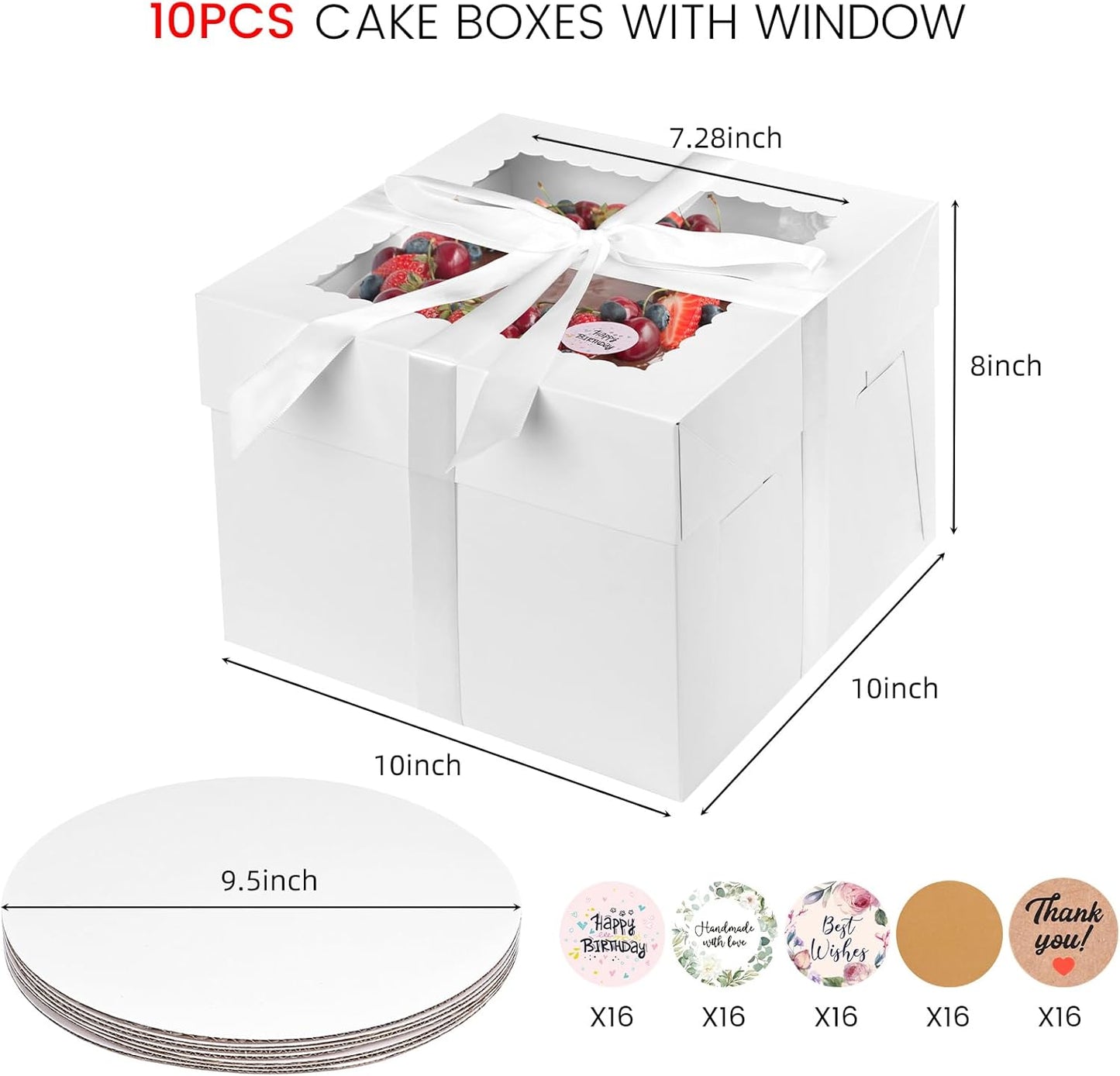 VGOODALL 10 Pack Cake Boxes, 10x10x8 Inches Cake Containers with Window, White Bakery Boxes with Lids for Birthday Party Wedding