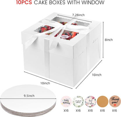 VGOODALL 10 Pack Cake Boxes, 10x10x8 Inches Cake Containers with Window, White Bakery Boxes with Lids for Birthday Party Wedding