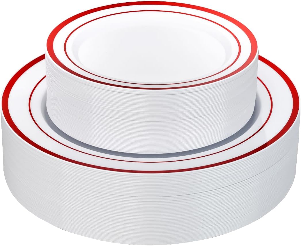 Goodluck 200PCS Gold Plastic Plates, Heavy Duty Disposable Gold Plates with 100 10.25 inch Dinner Plates and 100 7.5 inch Dessert Plates for Party, Holiday, Wedding, Thanksgiving