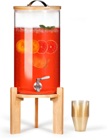 Glass Beverage Dispenser with Bamboo Stand 6.7 In and Lid, Iced 2.9 Gallon Drink Server with Spigot, Large Thick Glass Drink Dispenser for Parties, Hotels, Restaurants, Homes