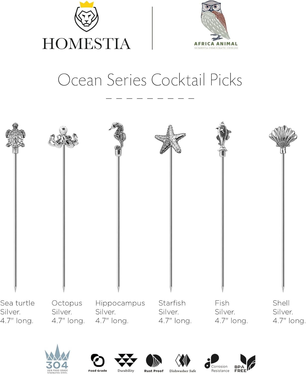 Homestia Stainless Steel Cocktail Picks, 4.7 Inch Reusable Martini Olive Picks, Metal Garnish Skewers for Drinks, Appetizers, Bloody Mary - Set of 6 Metal Cocktail Picks for Party Bar