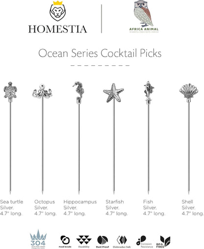 Homestia Stainless Steel Cocktail Picks, 4.7 Inch Reusable Martini Olive Picks, Metal Garnish Skewers for Drinks, Appetizers, Bloody Mary - Set of 6 Metal Cocktail Picks for Party Bar