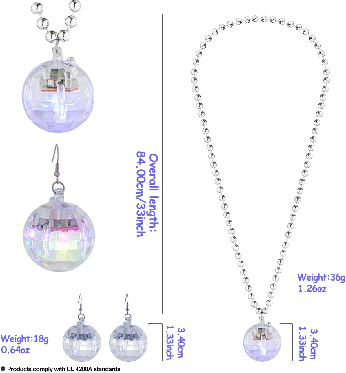 JICASTO LED Disco Ball Earrings and Necklaces, 2 Pcs 70s 80s Light up Disco Ball Set for Disco Party Favors Dance Accessories Women Halloween Costume