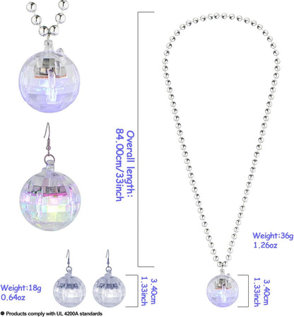 JICASTO LED Disco Ball Earrings and Necklaces, 2 Pcs 70s 80s Light up Disco Ball Set for Disco Party Favors Dance Accessories Women Halloween Costume
