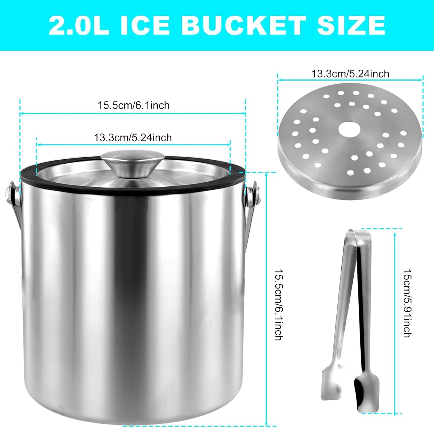 Ice Bucket with Lid Strainer Tong,2QT Double Walled Stainless Steel Insulated Ice Bucket Container,Good Sealing Ice Cube Bucket with Cover for Chilling Beer Cocktail Bar Parties