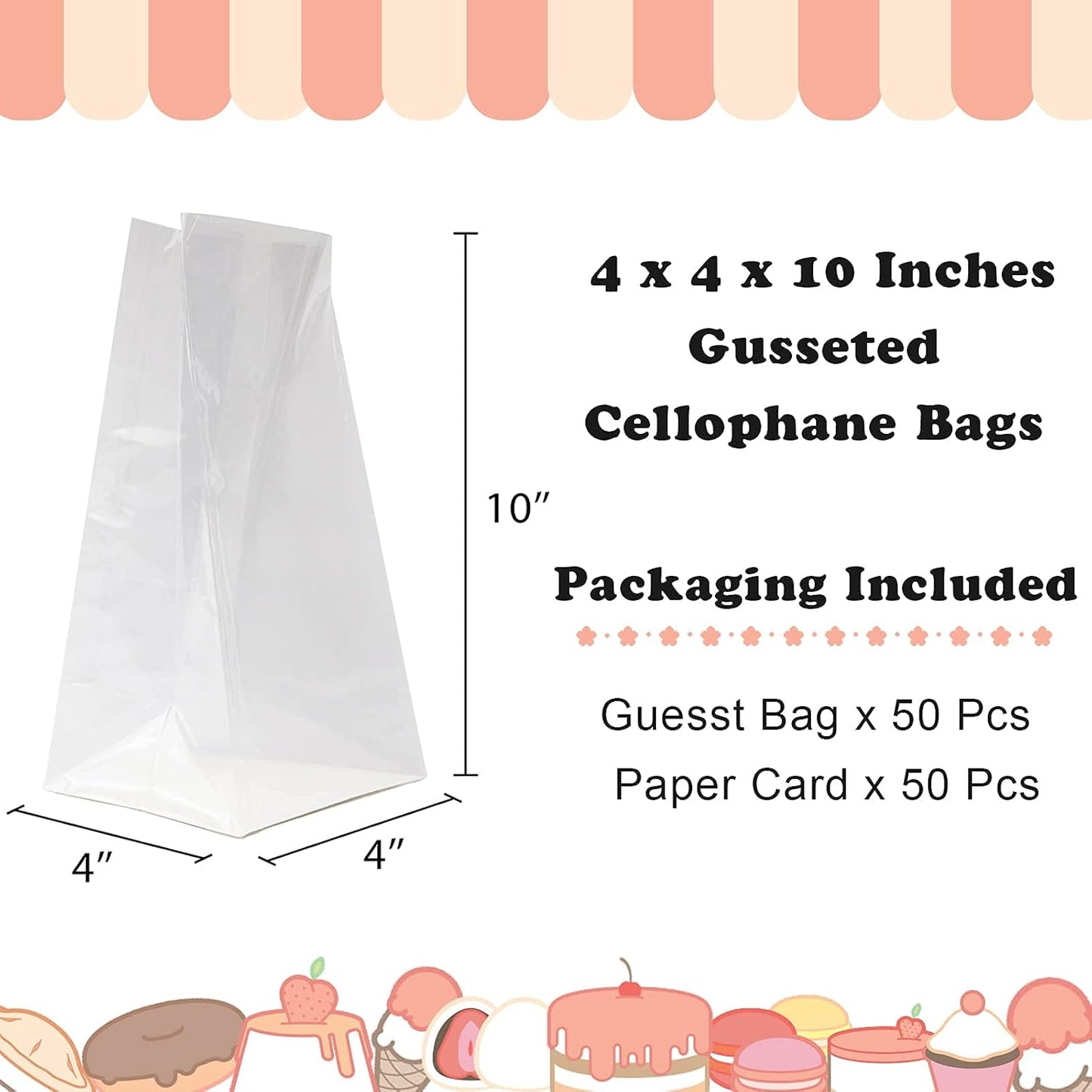 Gusseted Flat Bottom Cellophane Bags with Paper Insert 50Pcs 4x2x8 Inches Smore Bags