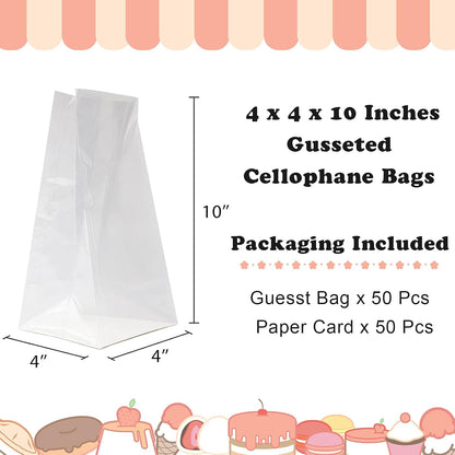 Gusseted Flat Bottom Cellophane Bags with Paper Insert 50Pcs 4x2x8 Inches Smore Bags