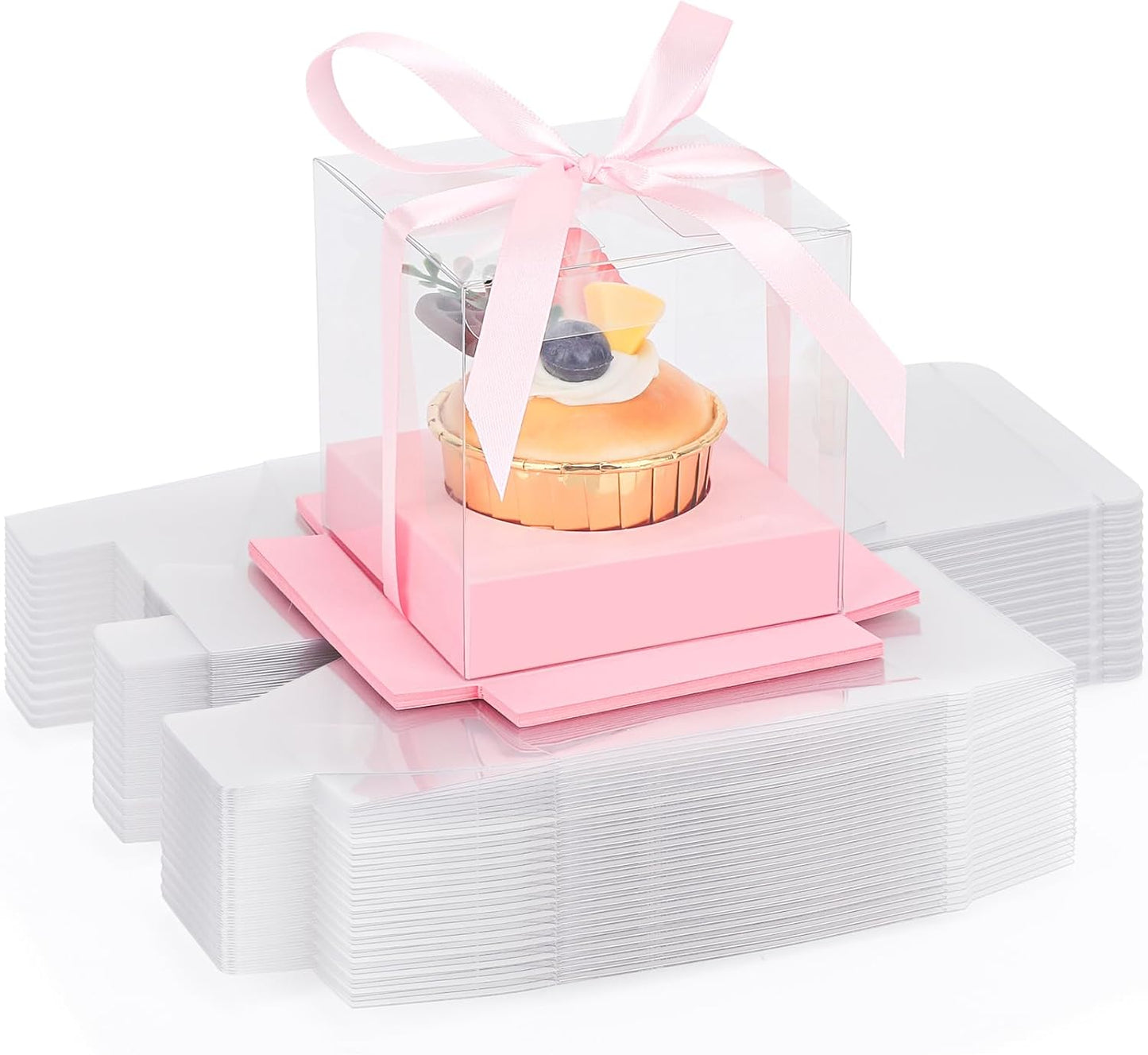 EUSOAR Individual Cupcake Holder, 50pcs 3.5 Inch Plastic Black Cupcake Containers with Lids, Single Transparent Display Clear Cupcake Carrier with Ribbon and Inserts for Wedding Party Favor