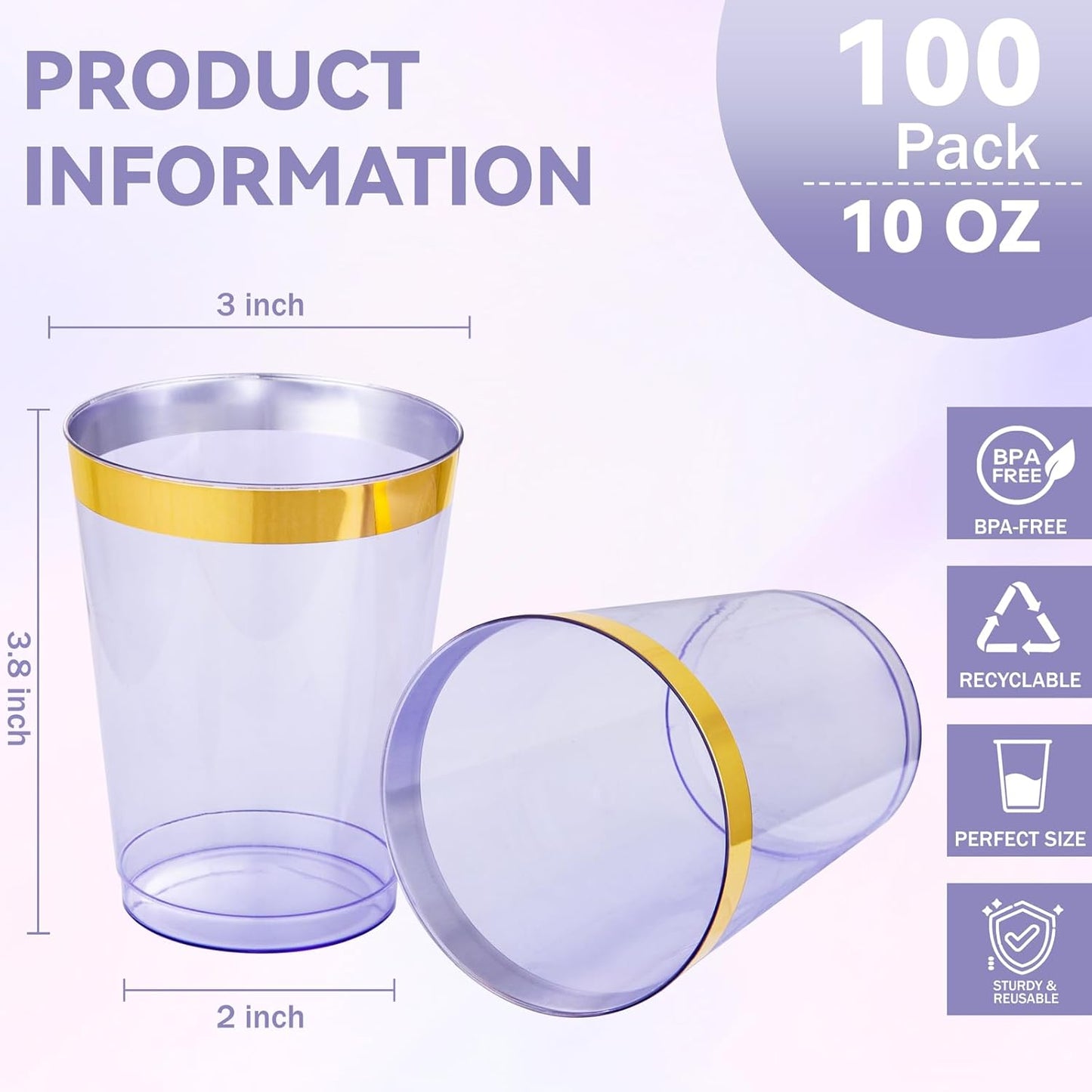 supernal 100pcs Gold Plastic Cups 12 oz, Glitter Clear Disposable Cups Heavy Duty, Fancy Plastic Cocktail Tumblers for Wedding, Parties Champagne & Mixed Drinks