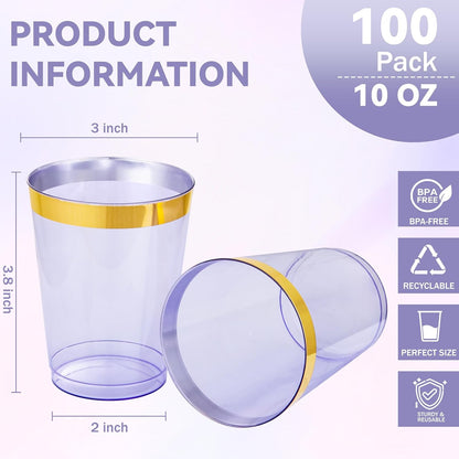 supernal 100pcs Gold Plastic Cups 12 oz, Glitter Clear Disposable Cups Heavy Duty, Fancy Plastic Cocktail Tumblers for Wedding, Parties Champagne & Mixed Drinks