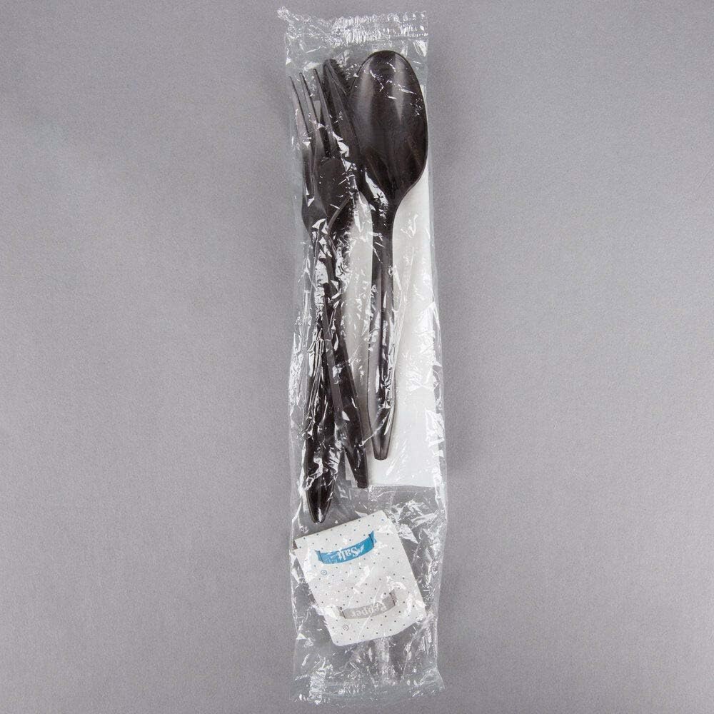 250 Plastic Cutlery Packets - Knife Fork Spoon Napkin Salt Pepper Sets | Black Plastic Silverware Sets Individually Wrapped Cutlery Kits, Bulk Utensil Cutlery Set Disposable To Go Silverware