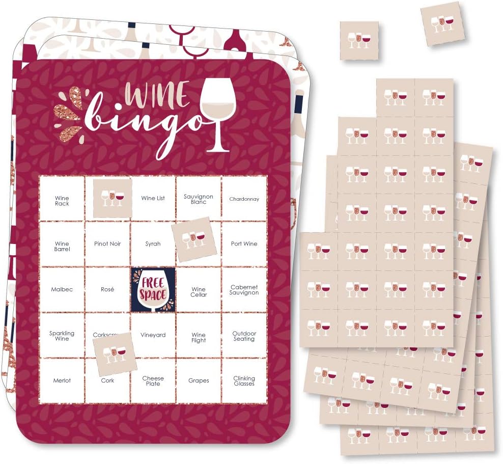 Big Dot of Happiness But First, Wine - Bingo Cards and Markers - Wine Tasting Party Bingo Game - Set of 18