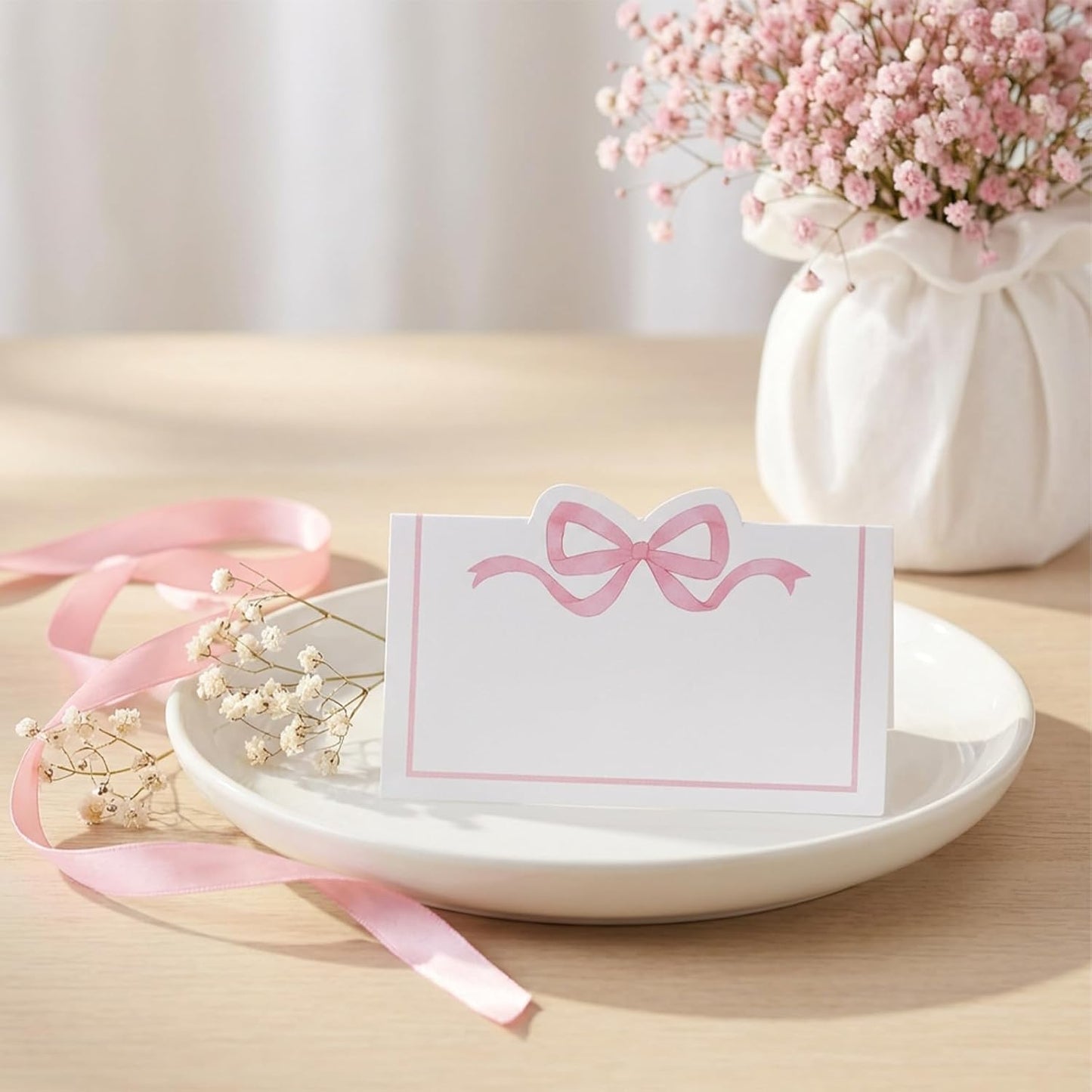 Wedding Place Cards, 50 Pcs Pink Bow Name Cards for Table Setting, Folded Tent Card for Baby Shower, Bachelorette Party & Bridal Shower, 3.54 x 1.96 Inch (Pink)