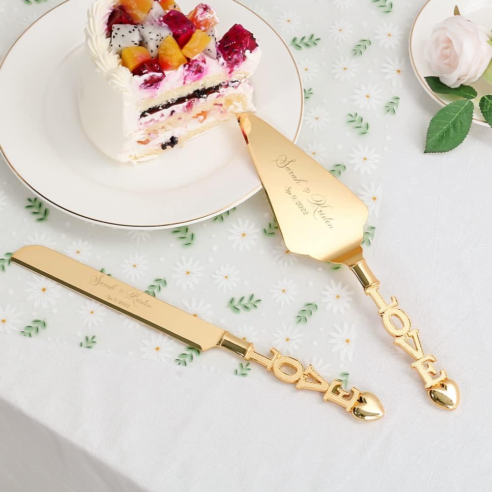 Wedding Cake Knife and Server Set, Personalized Gold Cake Cutting Set for Wedding, Engraved Classic Cake Knives Cutter Set, Pie Server, Birthday Bridal Quinceañera Gift (CUS-Flower)