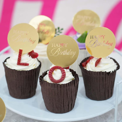 20pcs Gold Mirror Acrylic Happy Birthday Cupcake Toppers Round Engraved Cake Picks Happy Birthday Cake Toppers for DIY Birthday Gift Flower Bouquet Pastries Desserts Decor