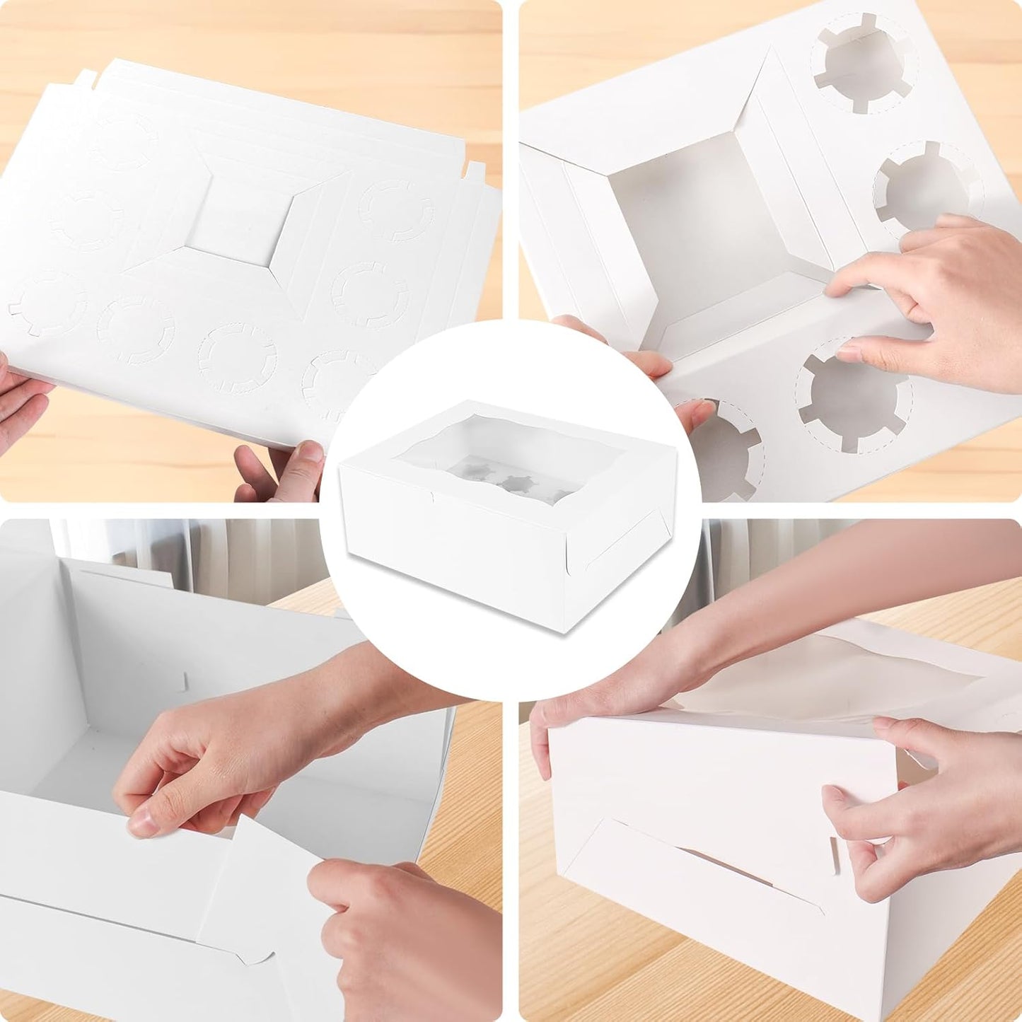 10 Packs Bento Cake and Cupcake Box 3 Holes Fit 2 Cupcakes and 1 Mini Cake Box with Clear Window and Stickers for Cake Cupcake Cookie or Easter and Mother’Day. (1+2/10pcs)