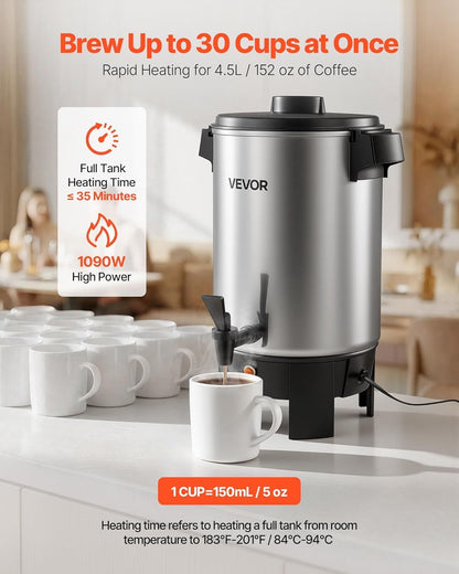 VEVOR Commercial Coffee Urn, 60 Cup 9 L Hot Beverage Dispenser with Dripless Faucet, Quick-Brewing Stainless Steel Large Commercial Coffee Maker, for Catering, Business, Party, Church & Restaurant