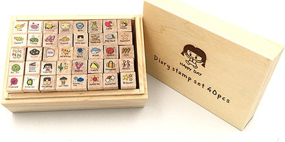 Diary Stamp Set,Wooden Rubber Signet for Children DIY Scrapbooking Card Making(25pcs,Happy Life)