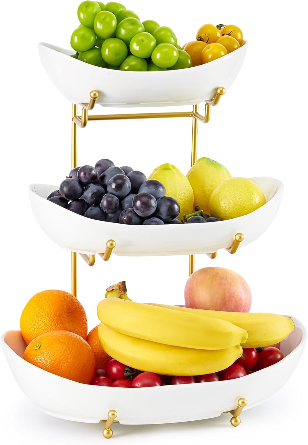 Ceramic Fruit Bowl for Kitchen Counter - 3 Tier Fruit Basket with Metal Stand, Tiered Fruit Stand for Countertop, Snack, Nuts, Cake, Dessert, Cute (Gold, Small) 1