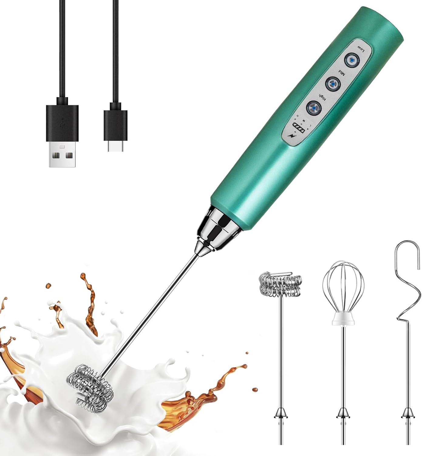 YUSWKO Black Handheld Milk Frother Wand for Coffee, Rechargeable Electric Whisk with 3 Heads 3 Speeds Drink Mixer Coffee Frother For Latte, Cappuccino, Hot Chocolate, Egg