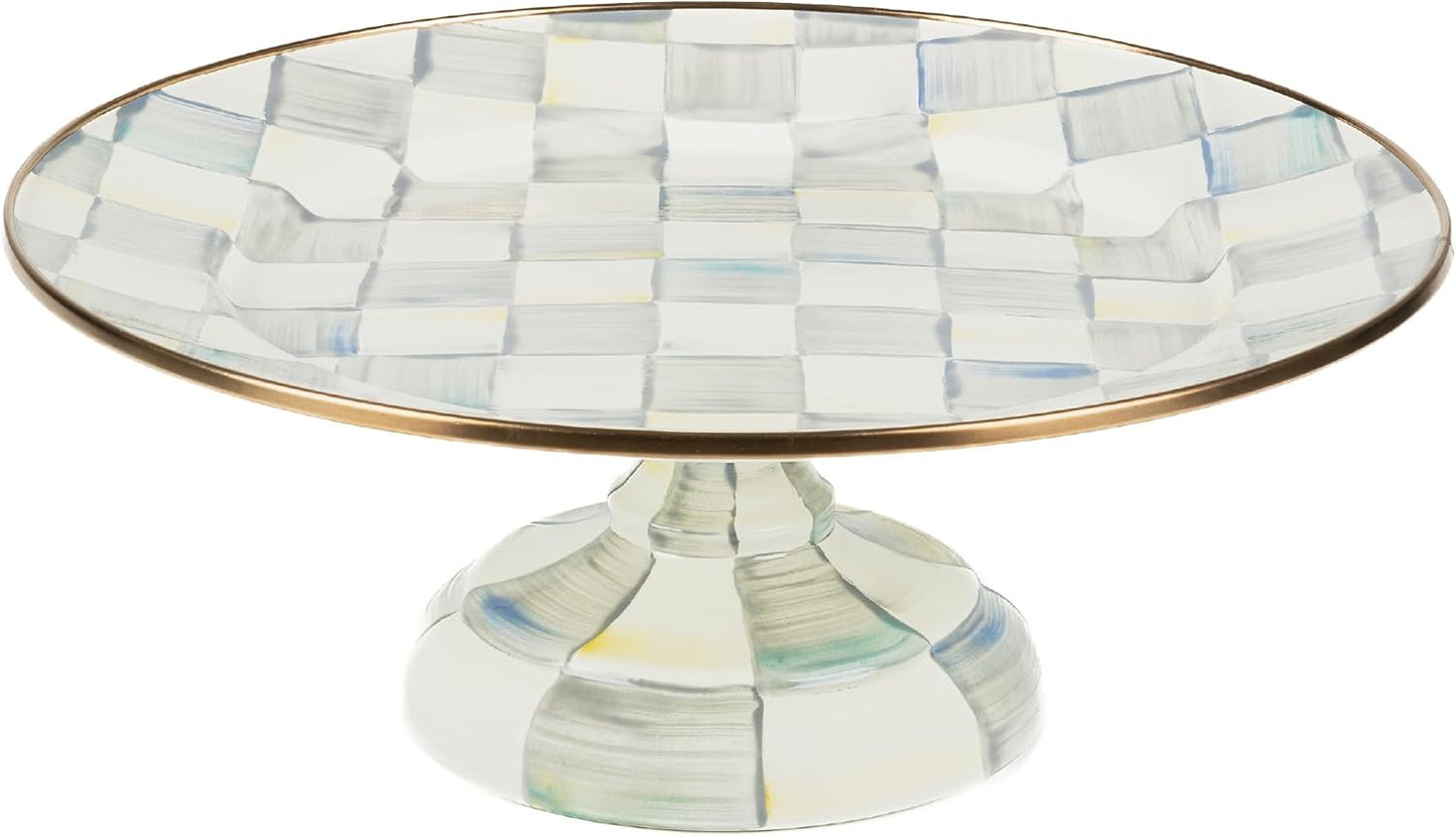 MACKENZIE-CHILDS Enamel Pedestal Platter, Round Cake Stand, Large, Black-and-White Courtly Check