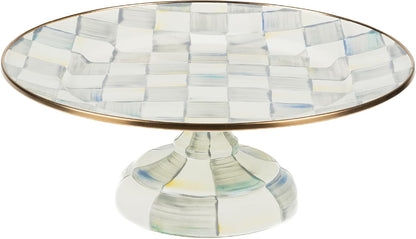 MACKENZIE-CHILDS Enamel Pedestal Platter, Round Cake Stand, Large, Black-and-White Courtly Check