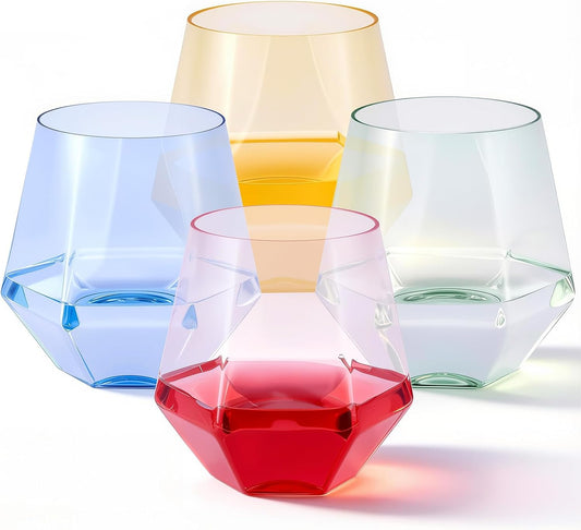 Goodluck 40 PCS Diamond Stemless Plastic Wine Whiskey Glasses, 12 Oz Disposable Cocktail Glasses, Suitable for Weddings, Birthday Parties, Family Gatherings, Bars, etc （Gold rimmed cups）