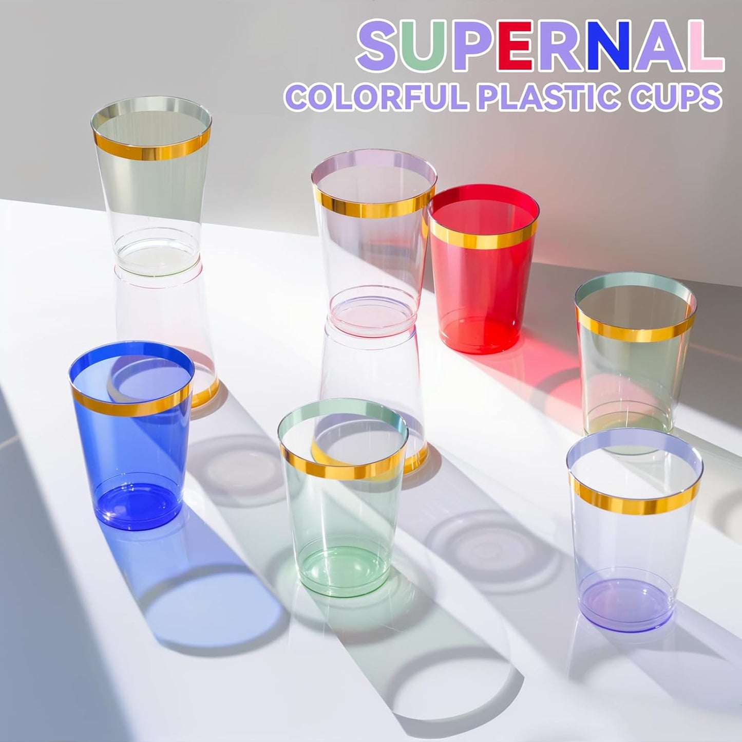 supernal 100pcs Gold Plastic Cups 12 oz, Glitter Clear Disposable Cups Heavy Duty, Fancy Plastic Cocktail Tumblers for Wedding, Parties Champagne & Mixed Drinks