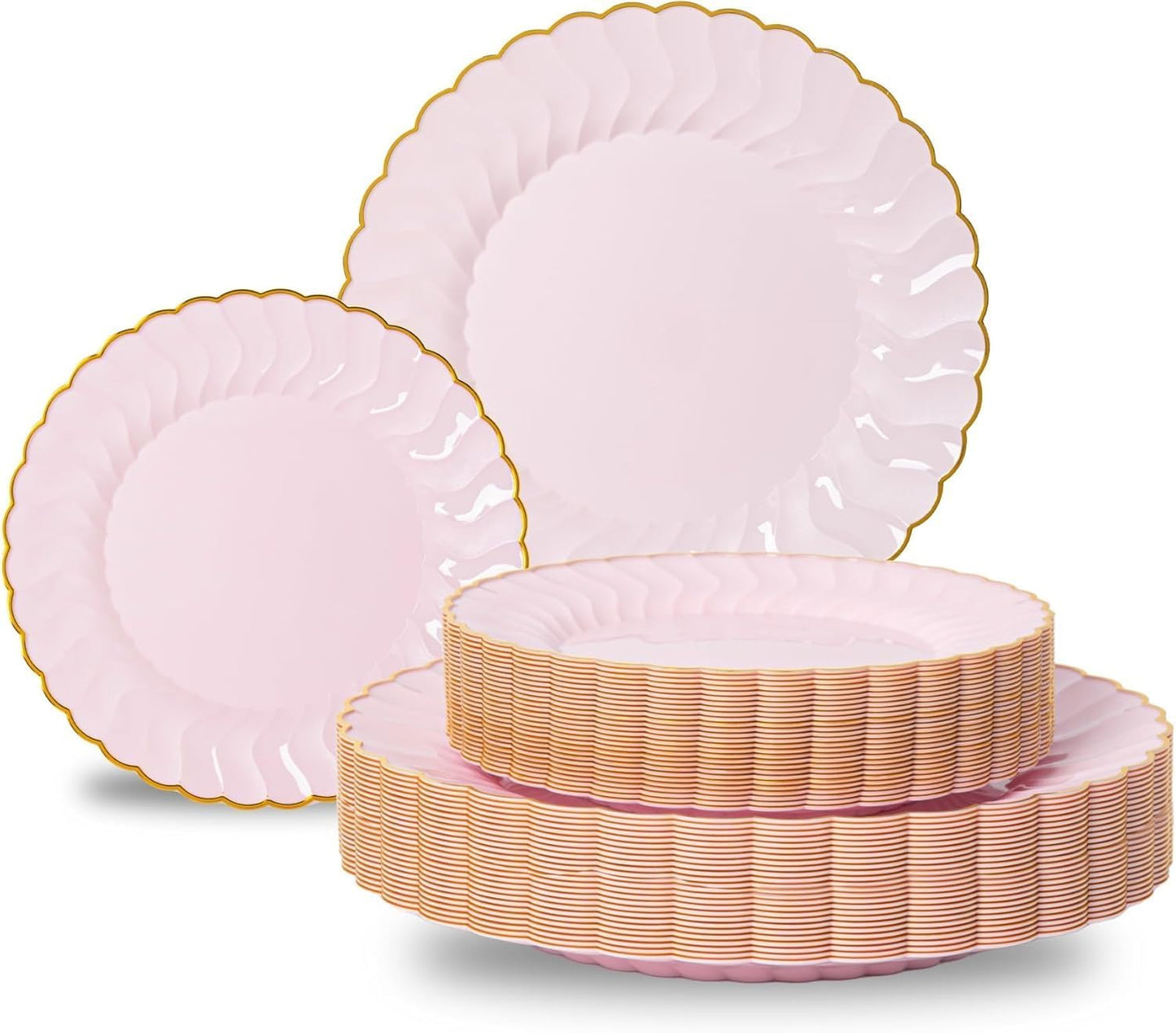 Lullaby 60PCS Ivory Scalloped Plastic Plates with Gold Rim, Disposable Elegant Plates Include 30pcs Dinner Plate 10.25", 30pcs Plastic Dessert Plate 7.5", Perfect for Wedding and Party