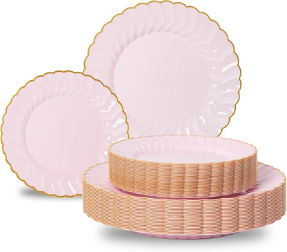 Lullaby 60PCS Ivory Scalloped Plastic Plates with Gold Rim, Disposable Elegant Plates Include 30pcs Dinner Plate 10.25", 30pcs Plastic Dessert Plate 7.5", Perfect for Wedding and Party