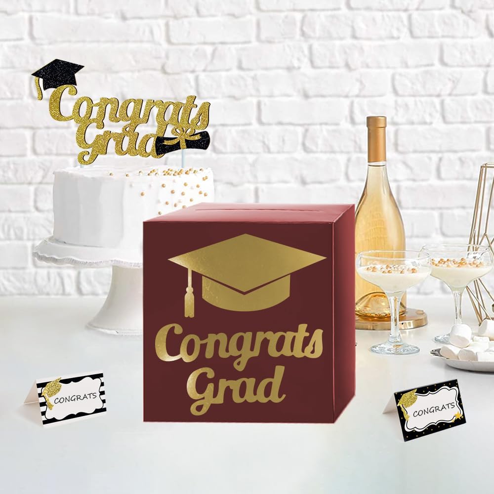 Graduation Card Box Holder, Congrats Grad Foldable Cardboard Decorations Box for Graduation Party Decoration and Grad Parties (Black)