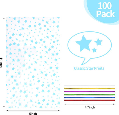 100 Pcs Star Printed 5"X 7" Gift Wrap Cello Cellophane Treat Bags Party Favor bags Clear Candy Cookie Bag Plastic Poly Goodie Storage Bag with Twist Ties for Bakery,Birthday, Wedding ,Party Decorations (Gold)