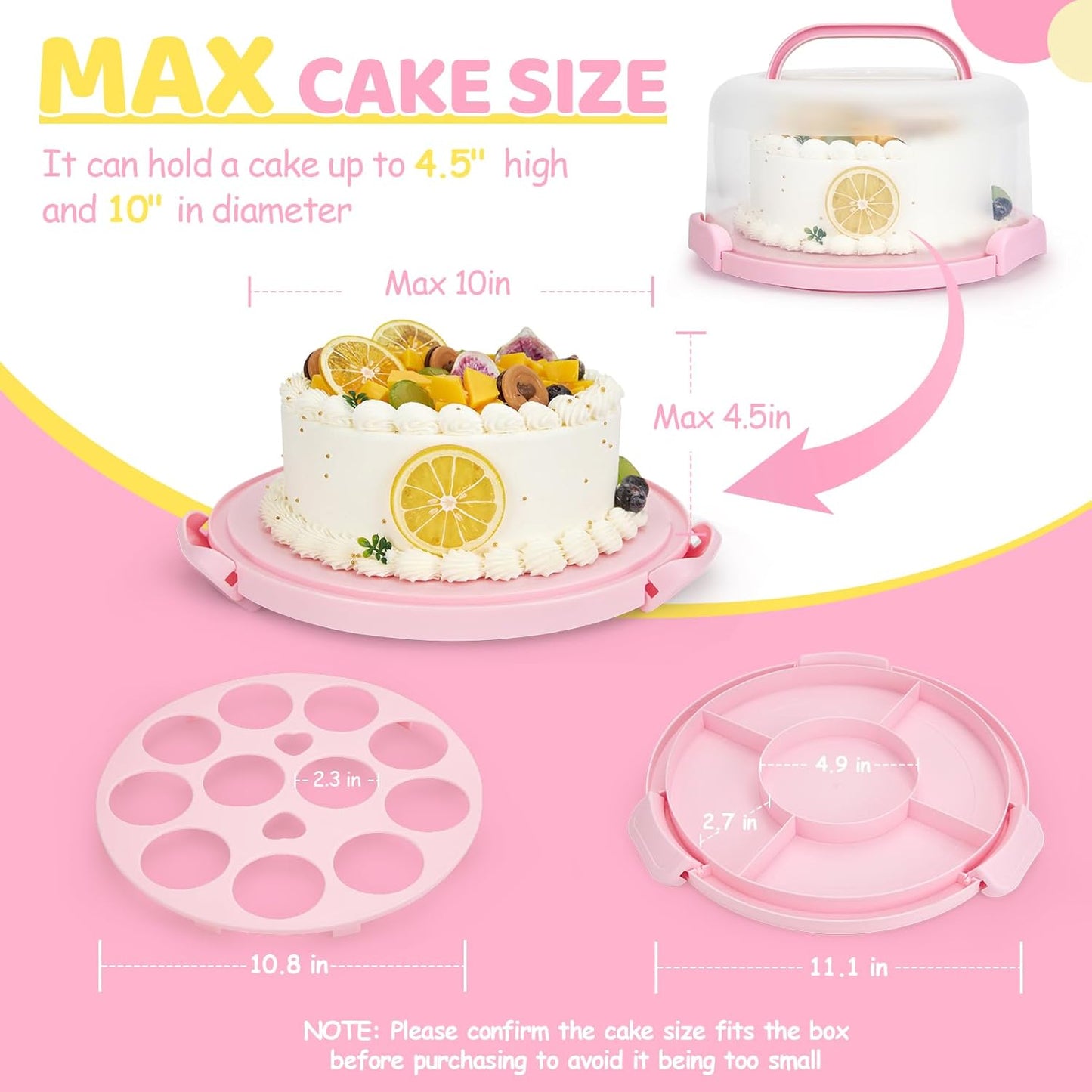 Cake Carrier with Lid and Handle, Ohuhu BPA-Free Cake Containers Cake Holder for 10 inch Cake with 2 Handle Cupcake Carrier - Plastic Cover Two Sided Base for Transport Pie Nut Fruit Mothers Day Gifts