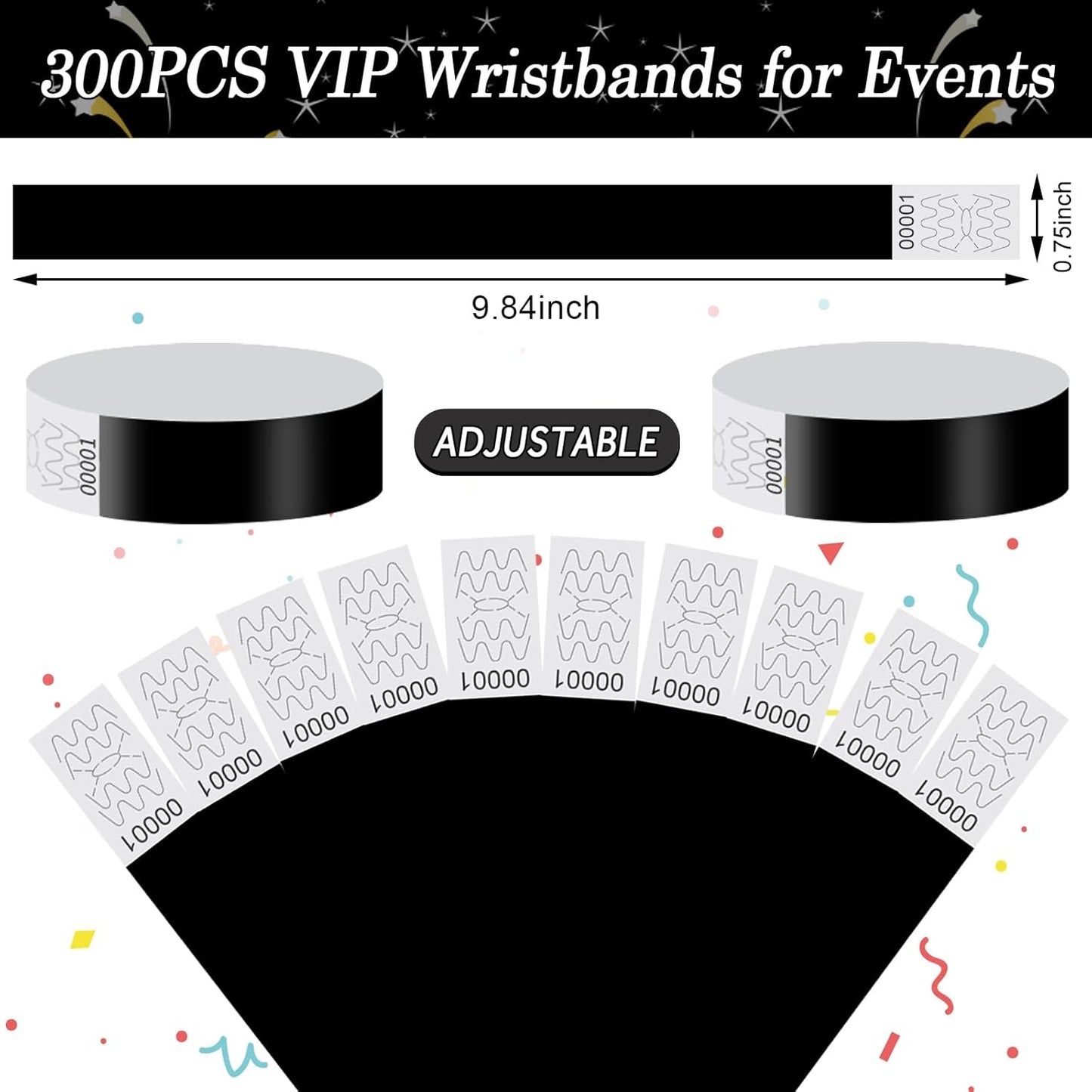 300 Pack Paper Wrist Bands for Events Waterproof Wristbands Lightweight Festival Identification Arm Bands Neon Adhesive Event Bracelets for Party（Black）