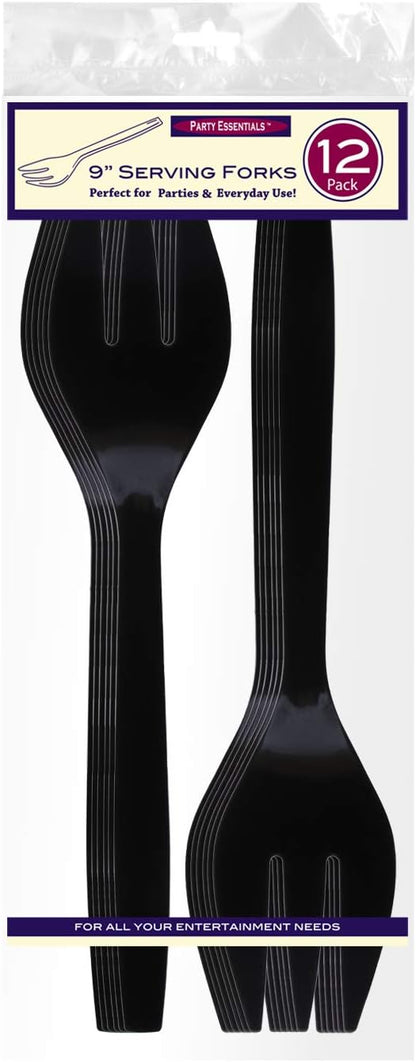 Party Essentials Plastic Serving Utensils for Party Buffet Kit, Black, Spoons/Forks/Tongs, 18-Piece