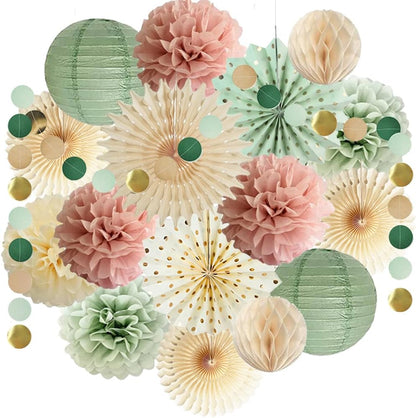 Sage Green and Pink Party Decorations Girl Baby Shower Decor Paper Pom Poms Paper Fans Cicle Dots Garland for Women Girls Pink Sage Green Birthday Baby Shower Bridal Shower Decor