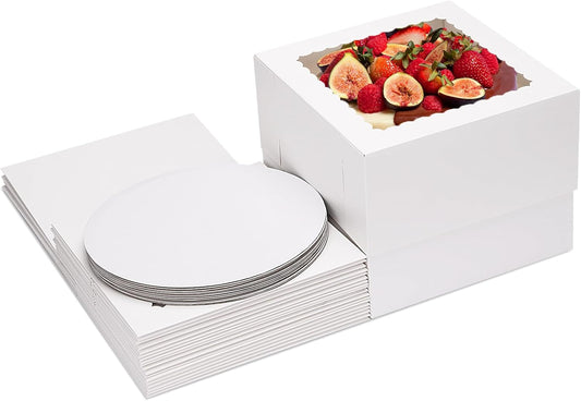 Moretoes 10 Sets Cake Boxes with Boards, 10x10x8 Inches Tall Bakery Boxes with Cake Boards with Window, Cajas Pasteles for Valentine's Day, Mother's Day, Pastries, Chocolates, Cookies, Pie