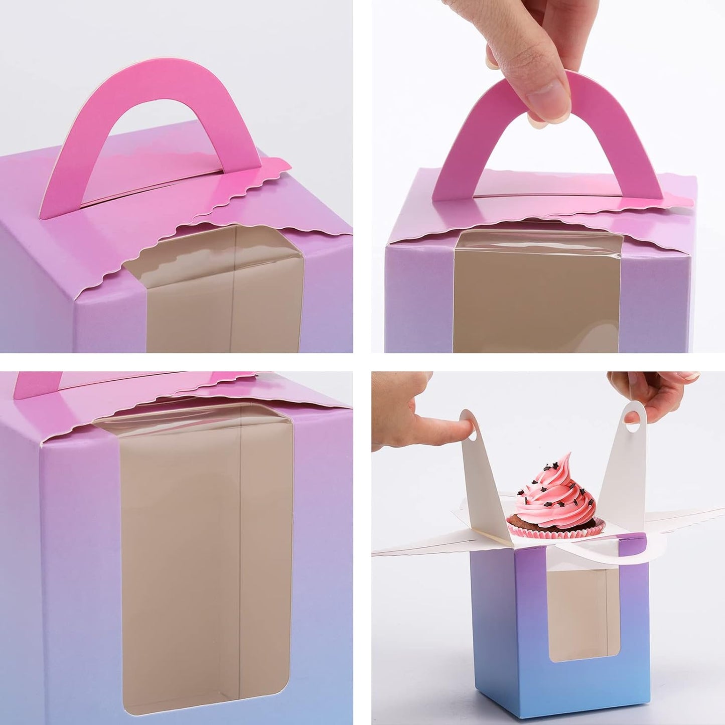 acDesign 100Pcs Cupcake Boxes With Window 3.6in*3.6in*4.3in Single Individual Cupcake Boxes With Handle and Inserts for Wedding Birthday Party Treats Gift,Black