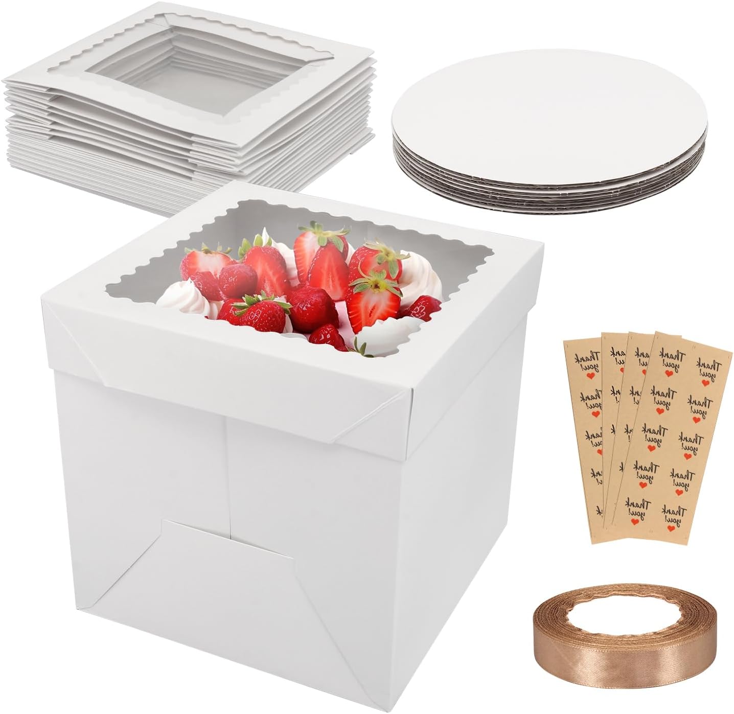 10 Pack Cake Boxes,Tall Cake Box with Window, White Bakery Boxes, 8x8x8 Inch Large Baking Boxes with Sticker, Cardboard Cake Box for Multi-Layer Cakes, Cake Decorating Supplies for Gift Giving