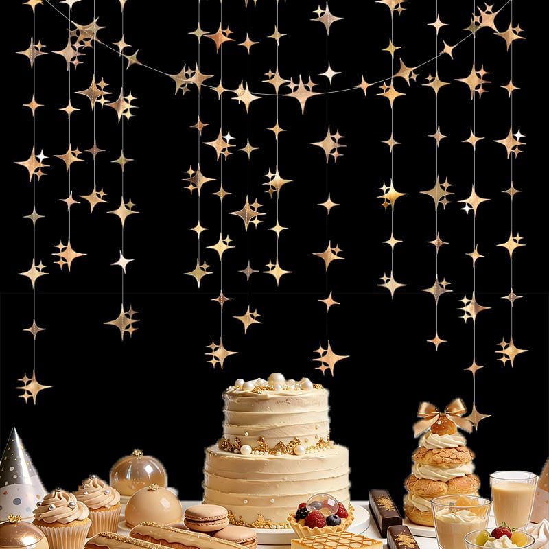 Glitter Gold Four-Angle Star Paper Garland Banner Décor 40 Feet Gold Twinkle Star Hanging Bunting Banner Backdrop for Wedding Baby Shower Birthday Graduation Disco Party Decorations